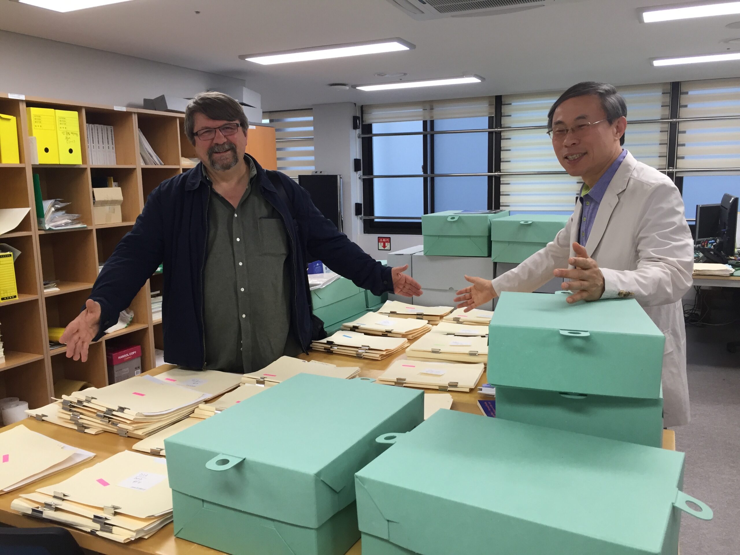 Author Lee Jae-eui and I survey our collection of the Cherokee Files in Gwangju in 2017 after an exhaustive 2 months spent organizing and analyzing them.